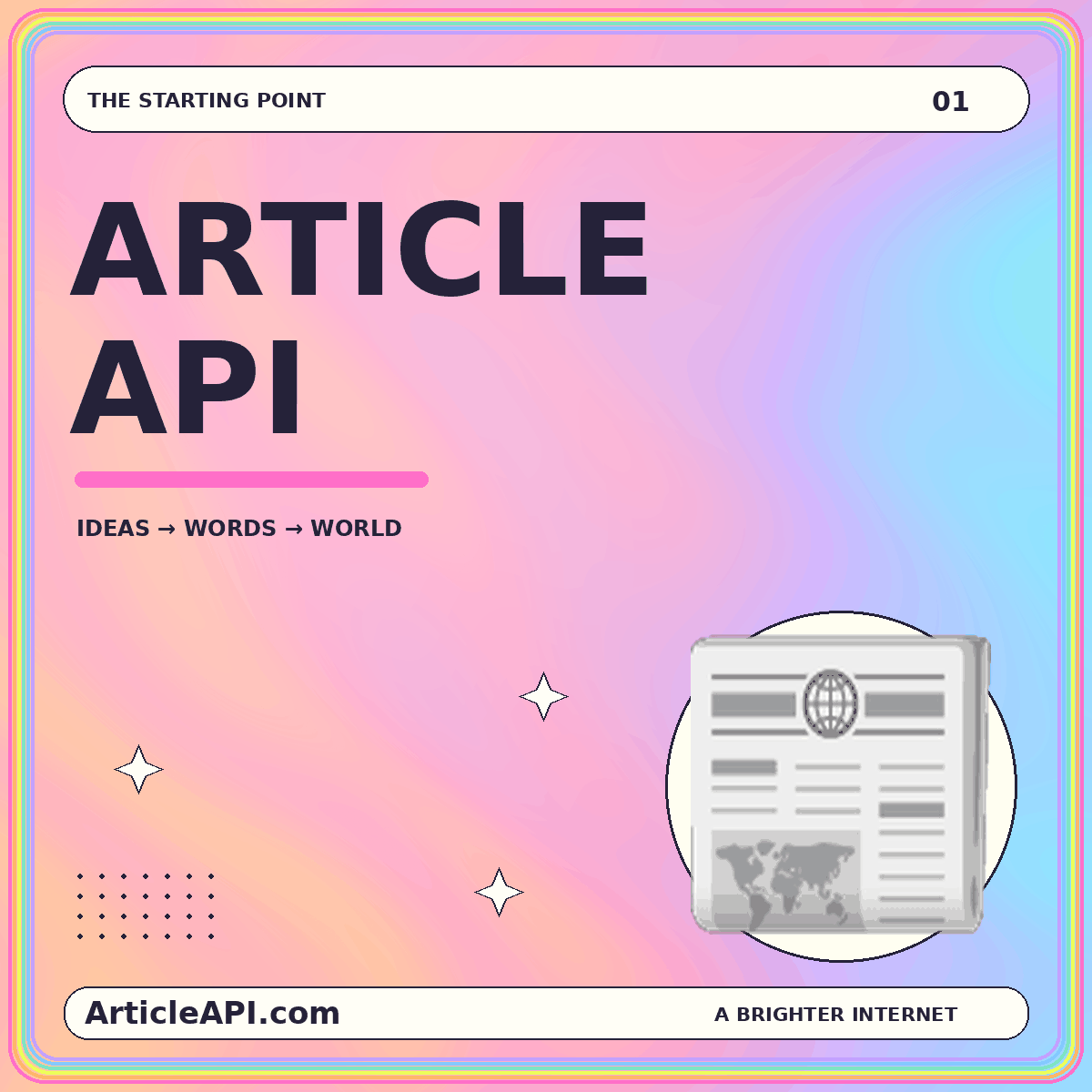Article API — 📰 emoji on a rainbow fractal gradient, ArticleAPI.com